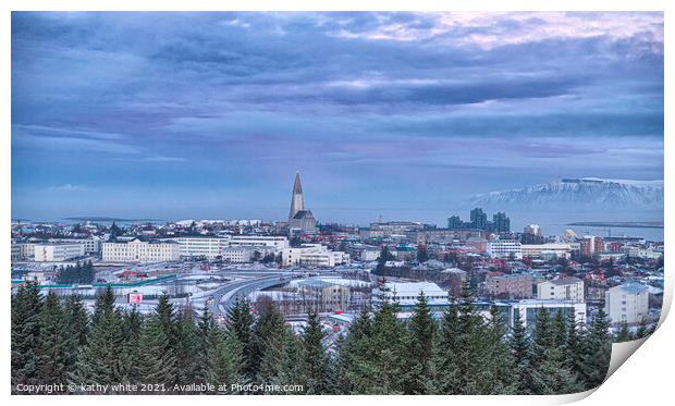 Reykjavik Iceland in the winter with snow Print by kathy white