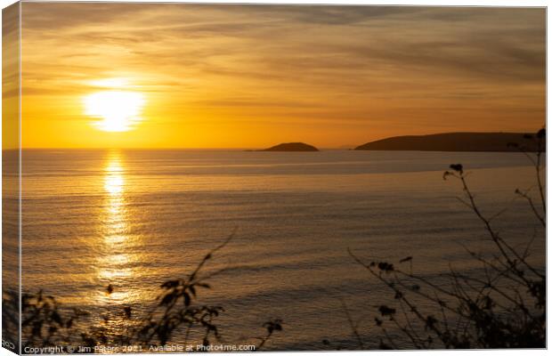 Sunset over Looe Island in Whitsand Bay Cornwall Canvas Print by Jim Peters