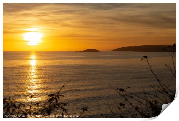 Sunset over Looe Island in Whitsand Bay Cornwall Print by Jim Peters