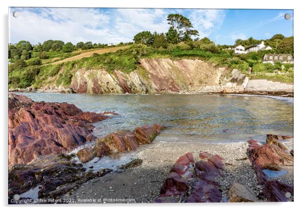 Talland Bay in the sunshine with the coloured red rocks Acrylic by Jim Peters