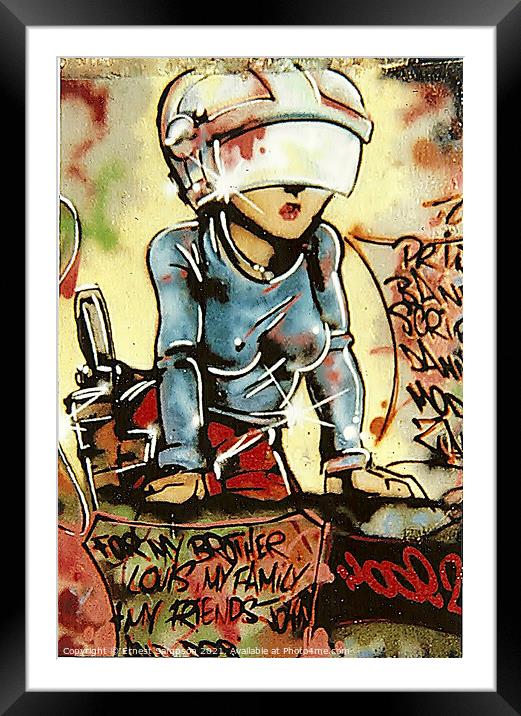Graffiti Art Of A Woman Warrior Wearing Helmet. Framed Mounted Print by Ernest Sampson