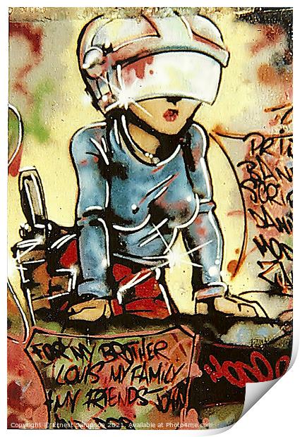 Graffiti Art Of A Woman Warrior Wearing Helmet. Print by Ernest Sampson