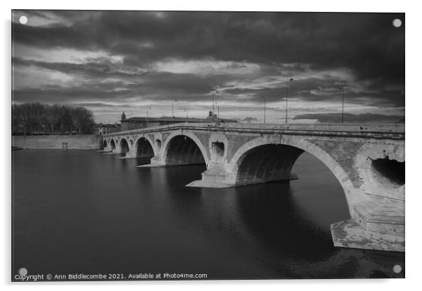 Pont-Neuf bridge over the Garonne river in black and white Acrylic by Ann Biddlecombe
