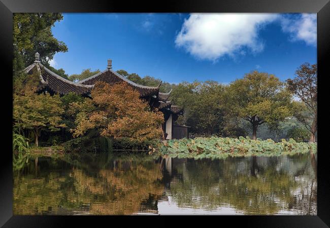 Asian temples on placid lake during late autumn  Framed Print by Thomas Baker