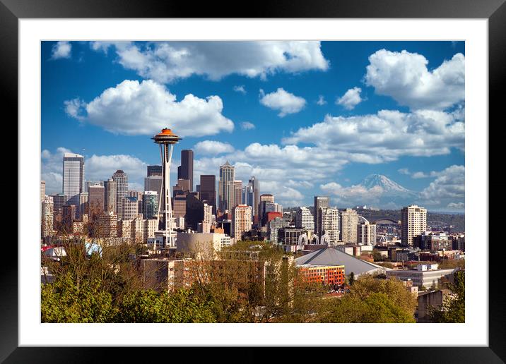 Seattle, Washington State, USA with Mount Rainier  Framed Mounted Print by Thomas Baker