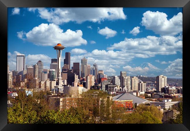 Seattle, Washington State, USA with Mount Rainier  Framed Print by Thomas Baker