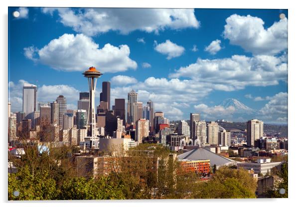 Seattle, Washington State, USA with Mount Rainier  Acrylic by Thomas Baker