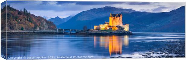 Eilean Donan Castle, at night, Scotland Canvas Print by Justin Foulkes