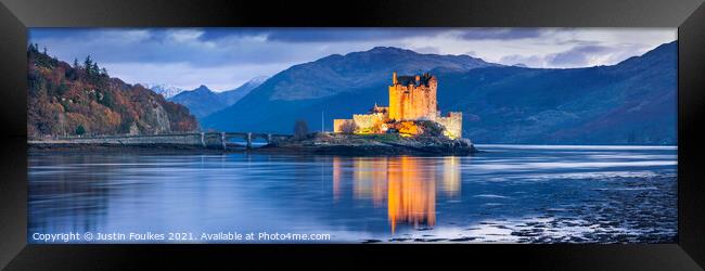 Eilean Donan Castle, at night, Scotland Framed Print by Justin Foulkes