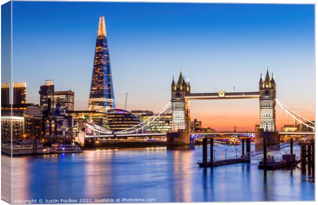 The Shard and Tower Bridge at dusk, London Canvas Print by Justin Foulkes