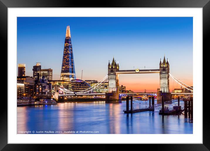 The Shard and Tower Bridge at dusk, London Framed Mounted Print by Justin Foulkes