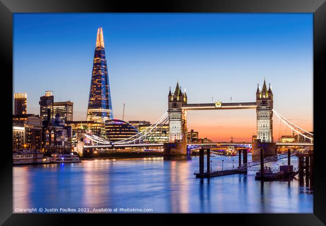 The Shard and Tower Bridge at dusk, London Framed Print by Justin Foulkes