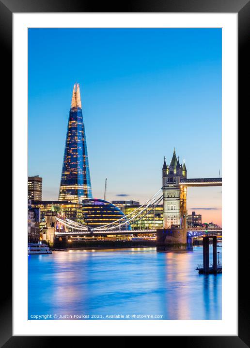 The Shard and Tower Bridge at dusk, London Framed Mounted Print by Justin Foulkes
