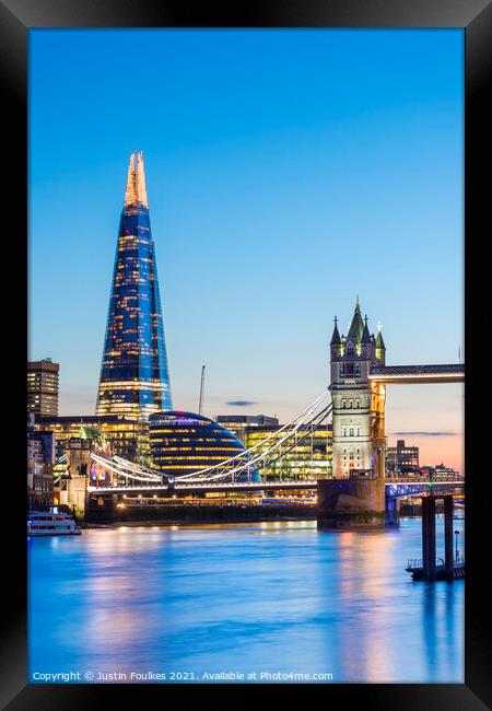 The Shard and Tower Bridge at dusk, London Framed Print by Justin Foulkes