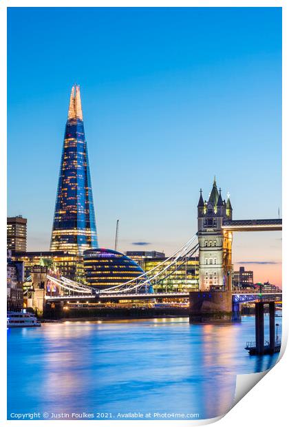 The Shard and Tower Bridge at dusk, London Print by Justin Foulkes