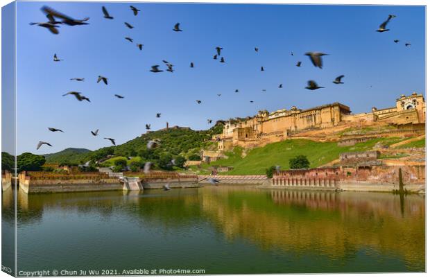 A flock of birds flying in front of Amer Fort in Jaipur, India Canvas Print by Chun Ju Wu
