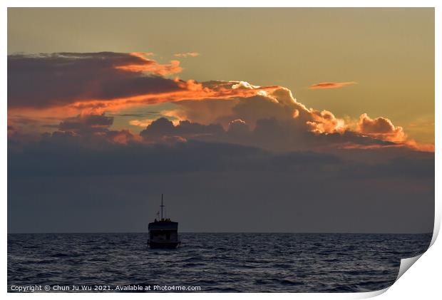A boat on the sea with sunset light on clouds Print by Chun Ju Wu