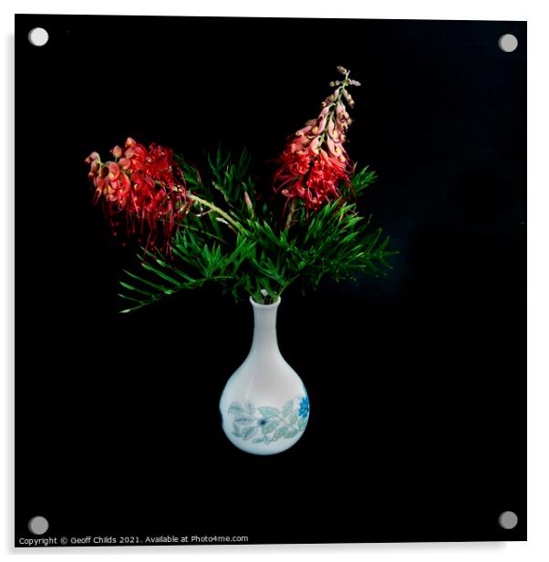  Pretty red Grevillea blooms in a Vase.  Acrylic by Geoff Childs