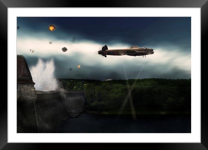 Lancaster Bomber at the Mohne Dam - A for Apple. Framed Mounted Print by J Biggadike