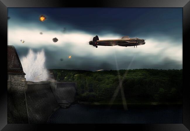 Lancaster Bomber at the Mohne Dam - A for Apple. Framed Print by J Biggadike
