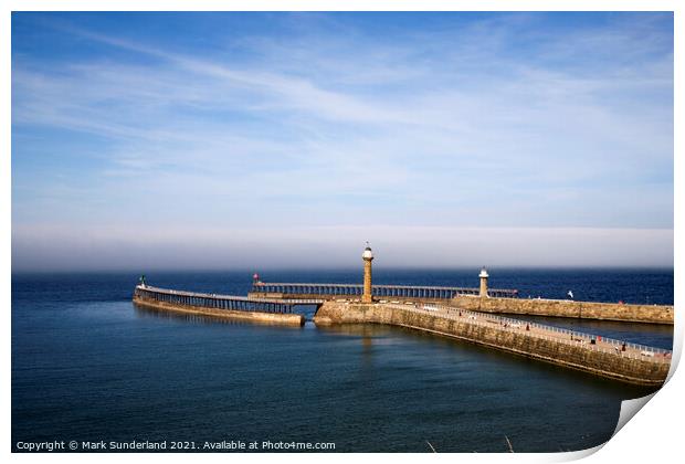 West and East Piers with a Sea Mist Looming at Whitby Print by Mark Sunderland