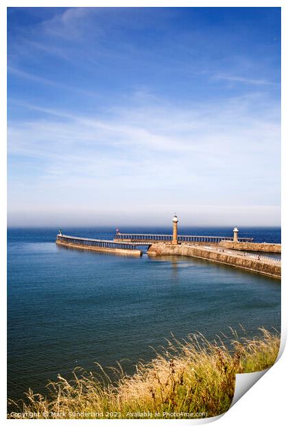 West and East Piers at Whitby Print by Mark Sunderland