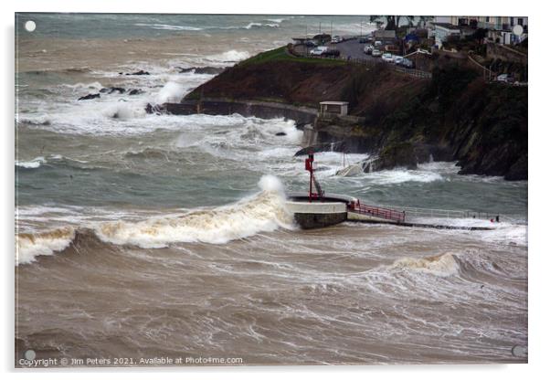 Big seas on the Banjo pier Looe Acrylic by Jim Peters