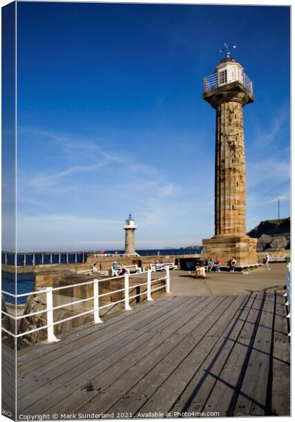 West and East Pier Lighthouses at Whitby Canvas Print by Mark Sunderland