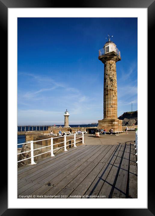 West and East Pier Lighthouses at Whitby Framed Mounted Print by Mark Sunderland