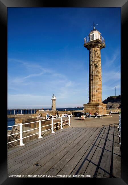 West and East Pier Lighthouses at Whitby Framed Print by Mark Sunderland