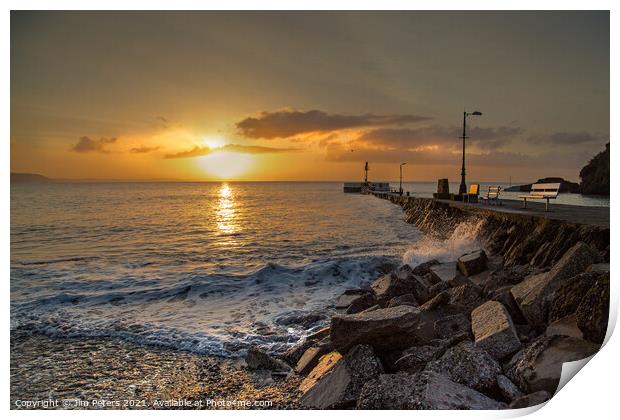 Sunrise over the sea at Looe's Banjo Pier and beach Print by Jim Peters