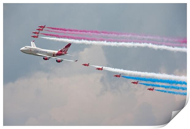 Red Arrows and Virgin Boeing 747 Print by J Biggadike