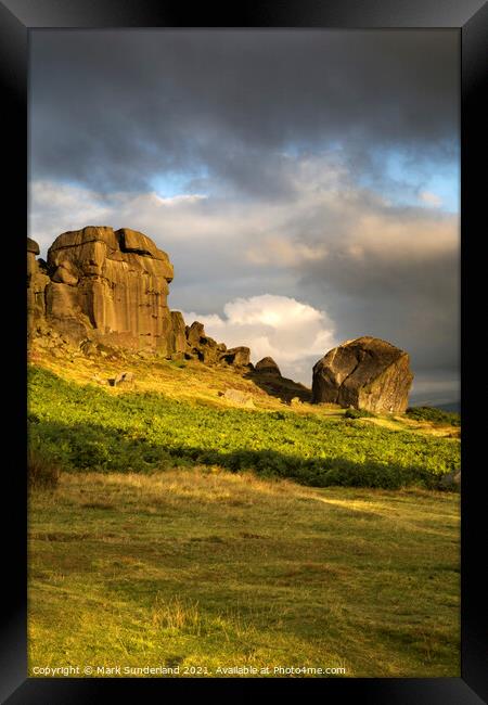 Clouds Clearing Over Cow and Calf Rocks Ilkley Moor Framed Print by Mark Sunderland
