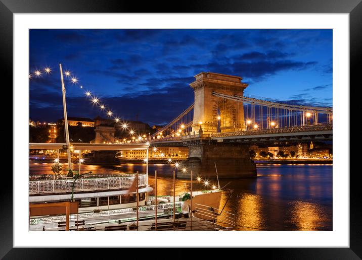 Budapest By Night With Chain Bridge On Danube River Framed Mounted Print by Artur Bogacki