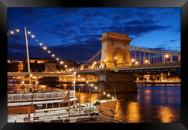 Budapest By Night With Chain Bridge On Danube River Framed Print by Artur Bogacki