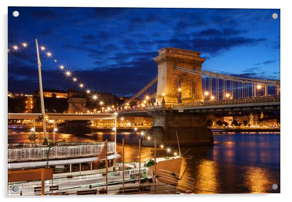 Budapest By Night With Chain Bridge On Danube River Acrylic by Artur Bogacki