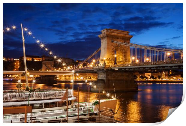 Budapest By Night With Chain Bridge On Danube River Print by Artur Bogacki