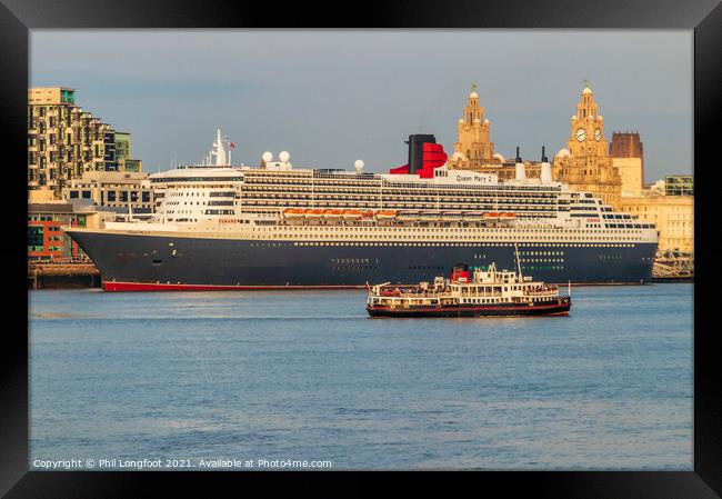 Queen Mary 2 berthed at Liverpool Famous Waterfront  Framed Print by Phil Longfoot