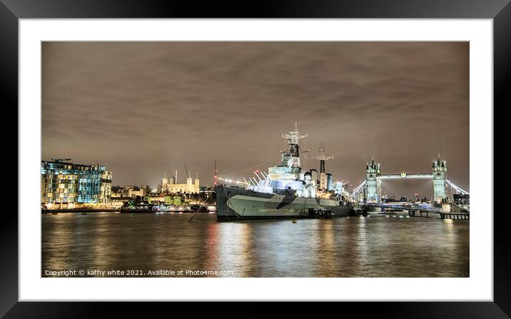 The HMS Belfast and Tower Bridge on the Thames. Framed Mounted Print by kathy white