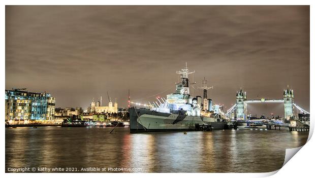 The HMS Belfast and Tower Bridge on the Thames. Print by kathy white
