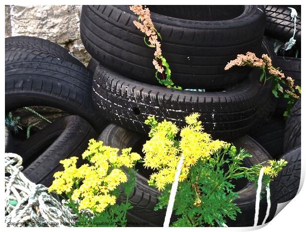 Tires, ropes and flowers Print by Stephanie Moore