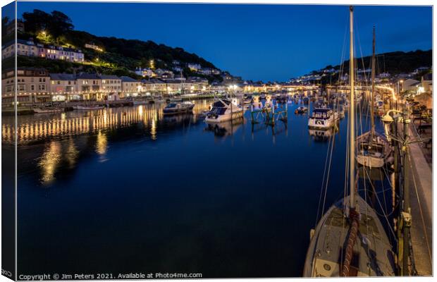 Looe Harbour at night Canvas Print by Jim Peters