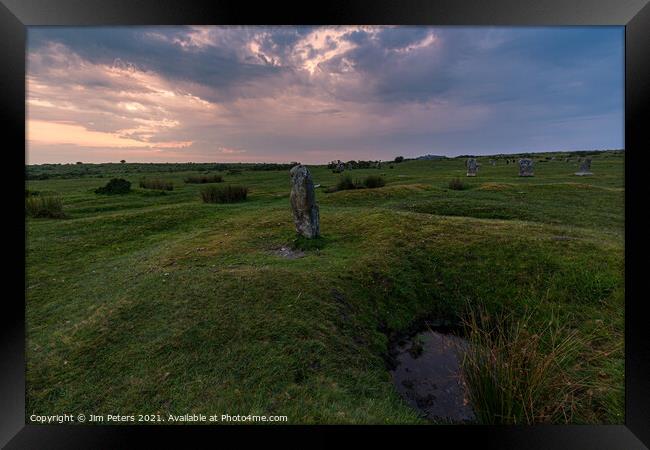 Lone stone at the hurlers  Framed Print by Jim Peters