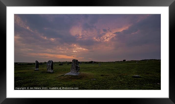 Moody sunset over the hurlers on Bodmin Moor Framed Mounted Print by Jim Peters