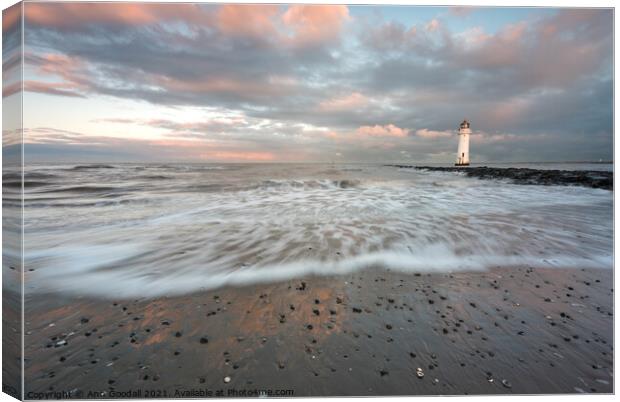 Incoming tide at Perch Rock lighthouse Canvas Print by Ann Goodall