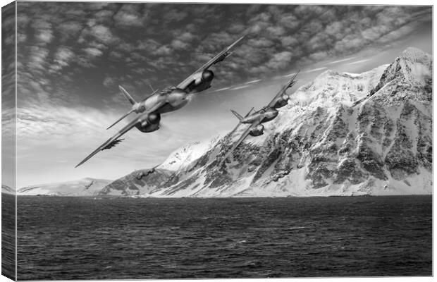 RAF Mosquitos in Norway fjord attack B&W version Canvas Print by Gary Eason