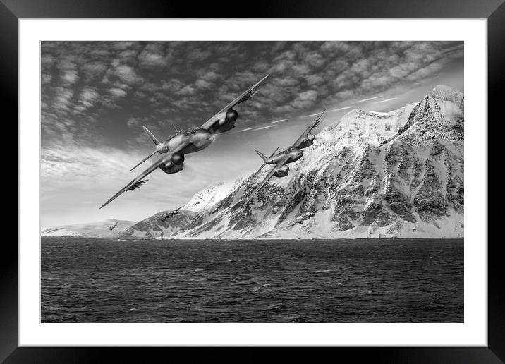 RAF Mosquitos in Norway fjord attack B&W version Framed Mounted Print by Gary Eason