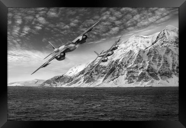 RAF Mosquitos in Norway fjord attack B&W version Framed Print by Gary Eason
