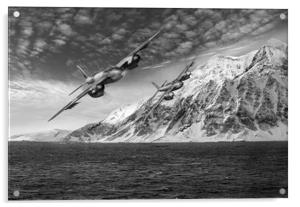 RAF Mosquitos in Norway fjord attack B&W version Acrylic by Gary Eason