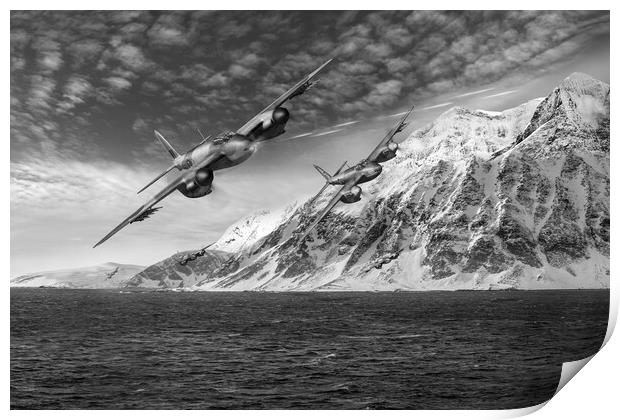 RAF Mosquitos in Norway fjord attack B&W version Print by Gary Eason